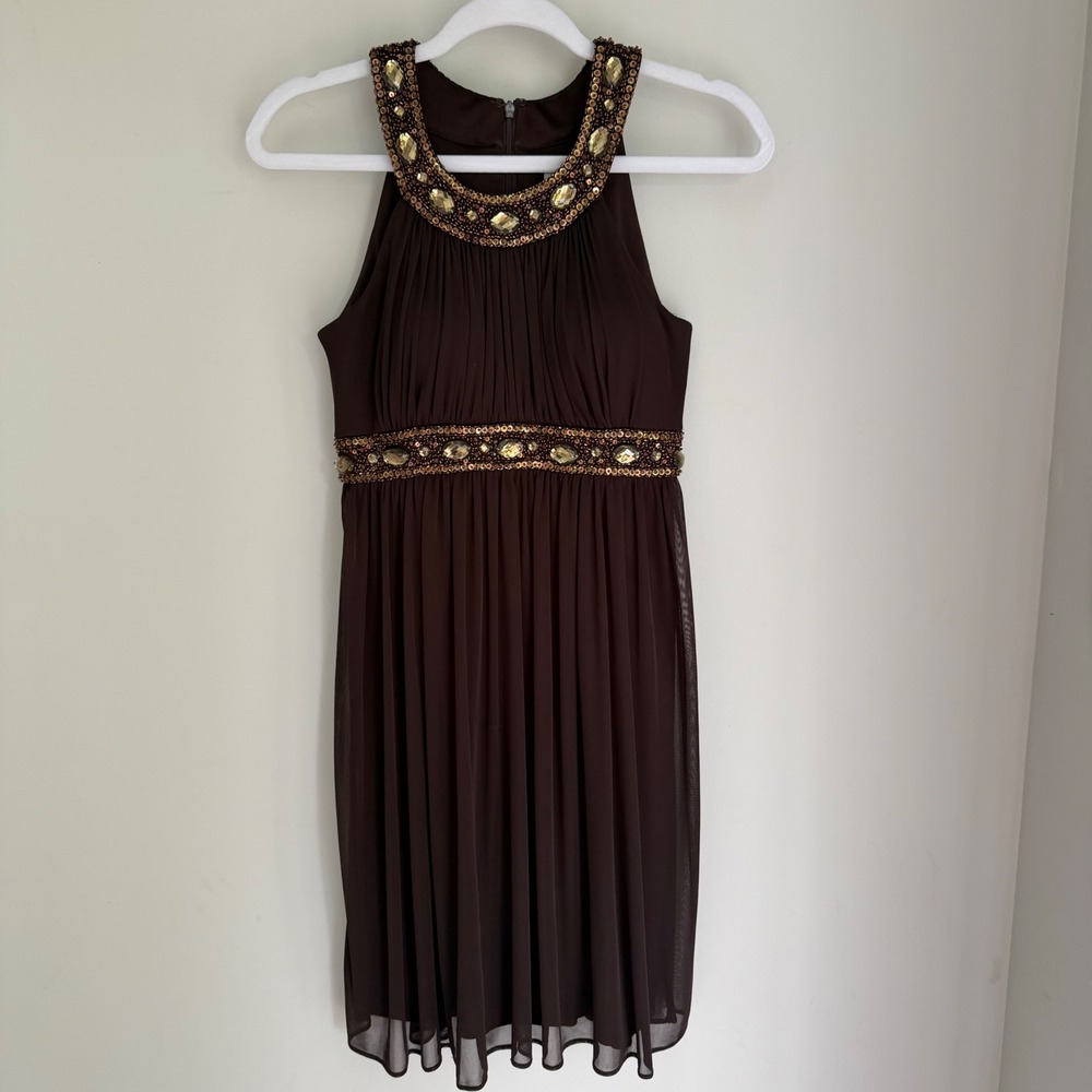 Vintage Cache Beaded Halter Dress Brown Gold Sequin Y2K 90s Whimsy Fairy SZ 2